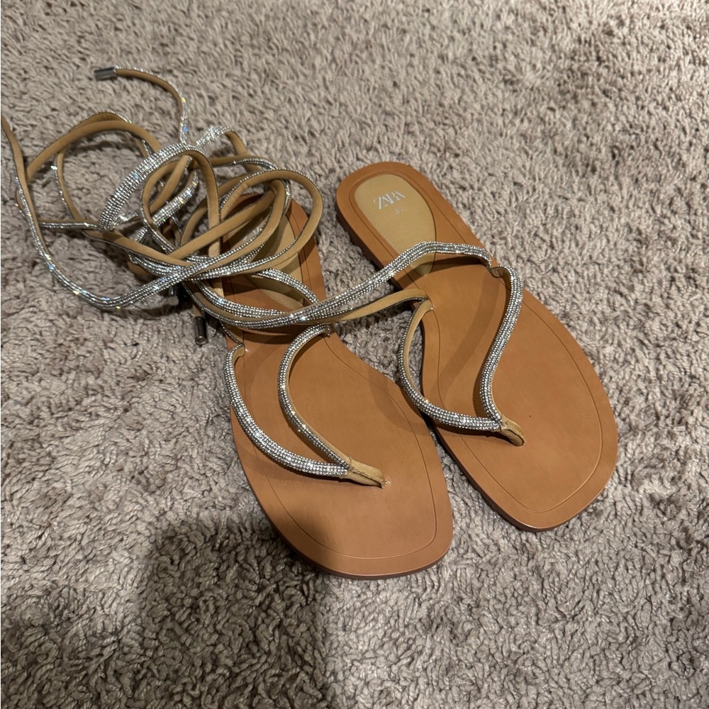 Zara Tan and Silver rhinestone strappy gladiator sandals